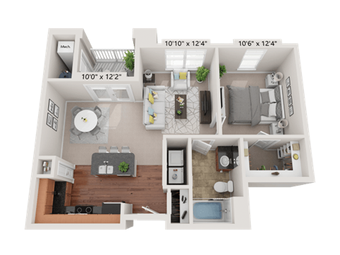 Floor plan for 1 bed, 1 bath, 734 sqft